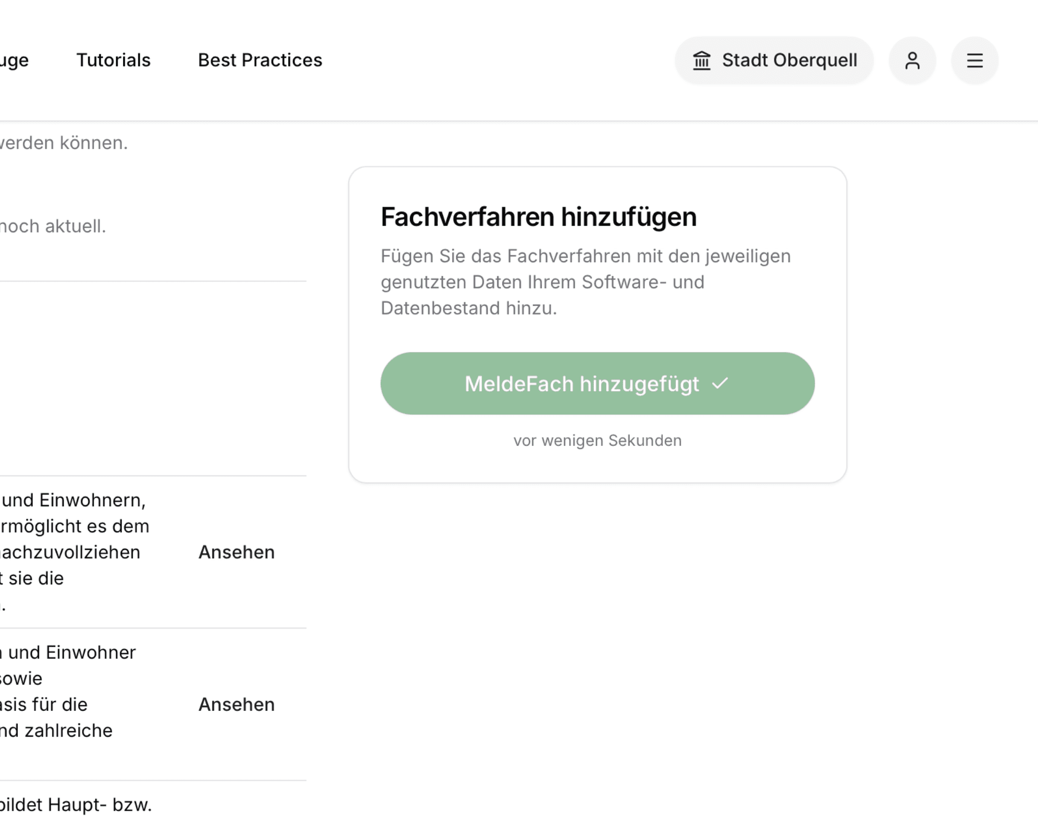 Bild der Plattform, wo man ein Fachverfahren hinzufügen kann.